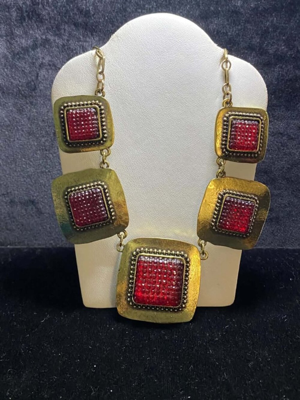 Vintage Rare Choker Gold tone Brass Square Red Crystal Art Deco Handmade